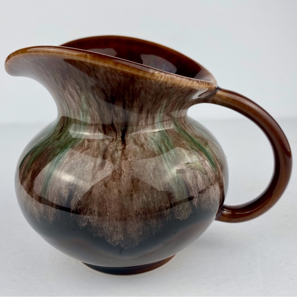 Vintage Drip Glaze Jug Pitcher 4.25 in Brown Green MCM Ceramic Studio Pottery